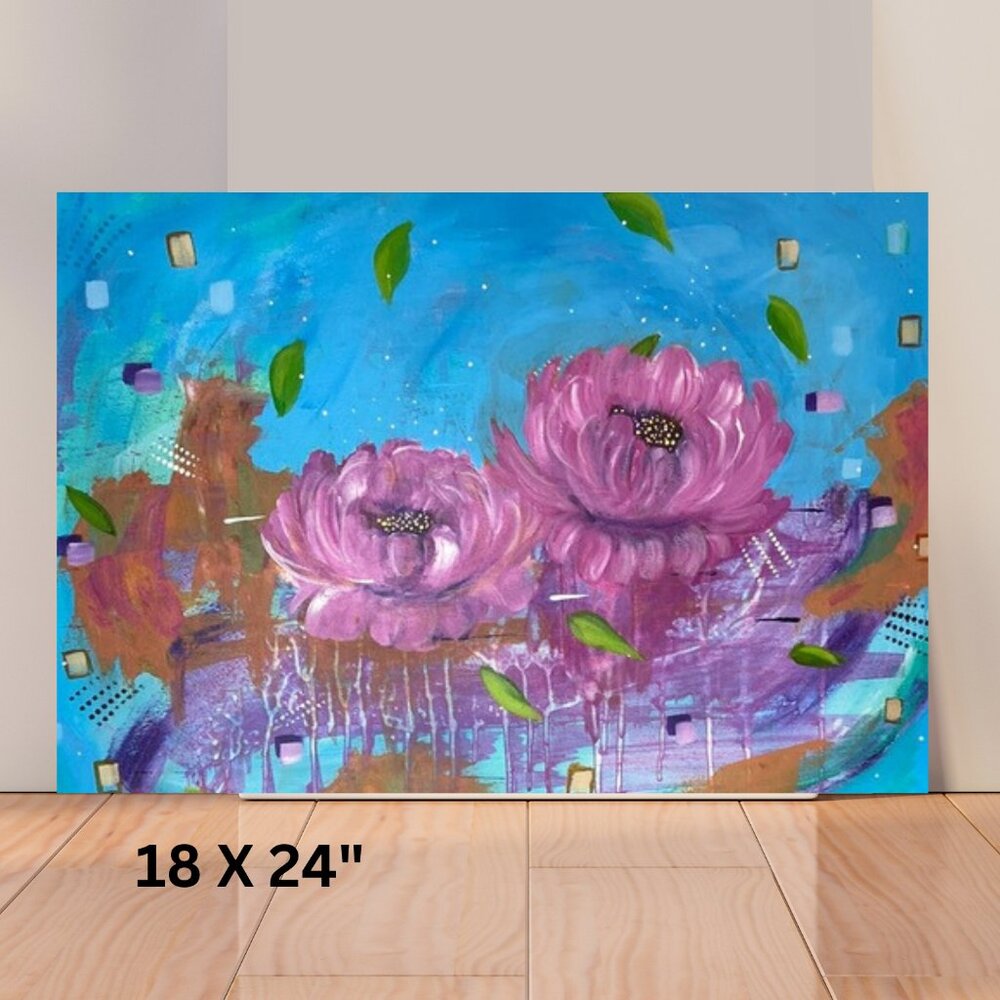 Original Abstract Floral Painting, Pink Dancing Flowers